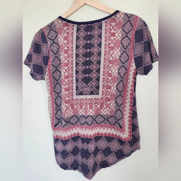 Lucky Brand Women's T-Shirt Size Small Blue Geometric Printed Artsy Boho FLAW - Picture 4 of 5